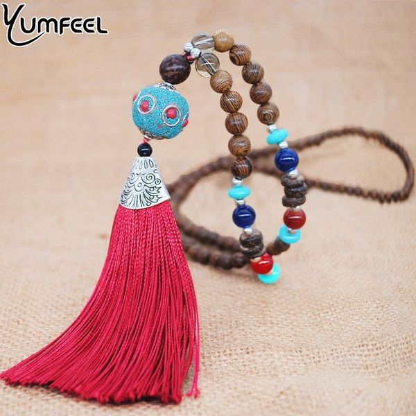 

yumfeel brand original design new vintage necklace handmade wooden nepal beads tibetan red tassel pendant necklace jewelry women, Silver