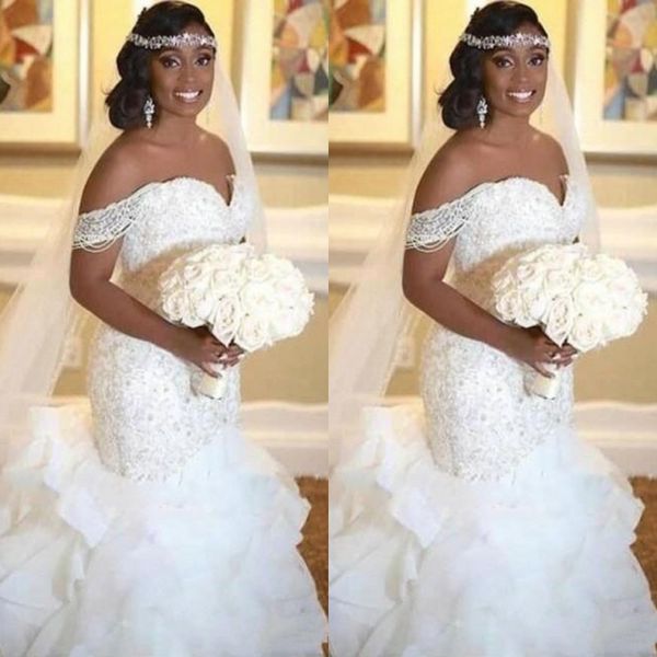 

elegant white african mermaid wedding dresses 2019 tiered ruffles off the shoulder pearls lace up back bridal gowns bc1122