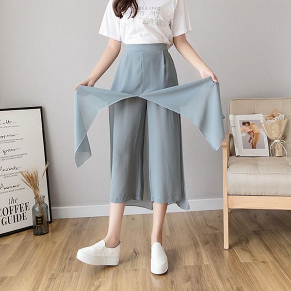 

high waist pants summer cool chiffon fake two pieces high waist wide leg pants female nine points loose 3 colors, Black;white
