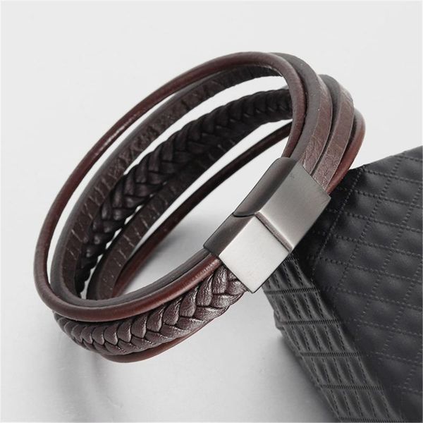 

trendy genuine leather bracelets men stainless steel multilayer braided rope bracelets for male female jewelry, Black