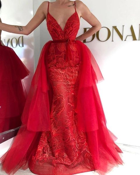 

gorgeous red mermaid evening dresses sequined evening dress v neck evening gowns with detacheble train robe de soiree abendkleider, Black;red