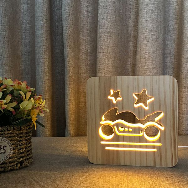 Motorradlampe, Massivholzschnitzerei, 3D-Nachtlicht, LED, kreatives Geschenk, Holz-Nachttischlampe