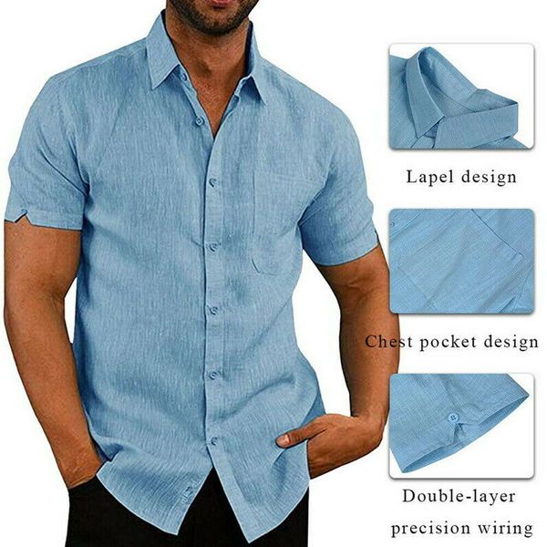 

men linen blouse short sleeve baggy buttons summer solid comfortable pure cotton linen casual loose holiday shirts tee, White;black