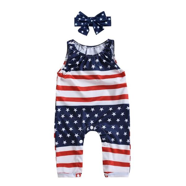 

children baby girl kid flag printed summer romper with bowknot headband bodysuit casual outfit jumpsuit, White