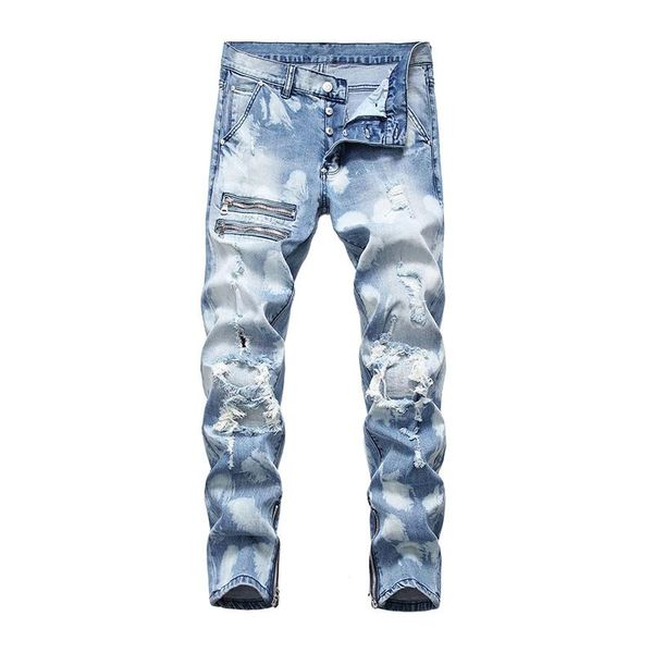 

mens designer jeans mens zippers ripped jeans plus big size light blue tie and dyed holes patchwork denim pants buttons fly trousers