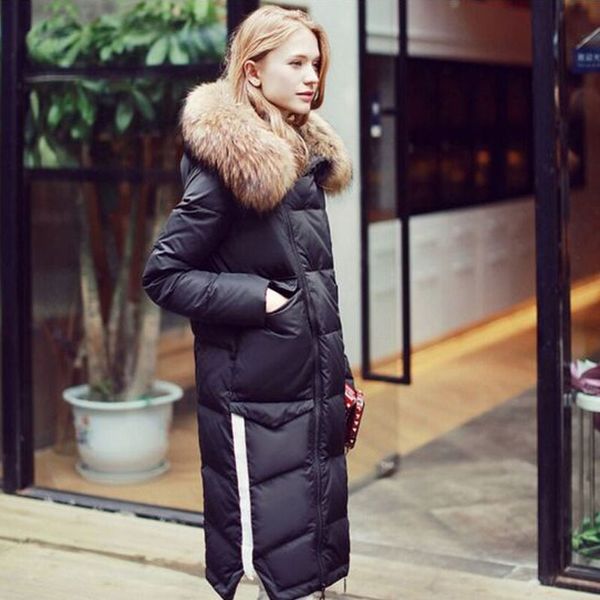 

white duck down jacket 2020 winter jacket coat women's parkas large raccoon fur collar hooded woman outwear loose clothing, Black