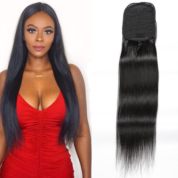 Hint% 100 İnsan Saç Pony kuyruğu Düz Mink Saç Uzantıları 100g İpeksi Düz 8-24 inç Ponytails Doğal Siyah