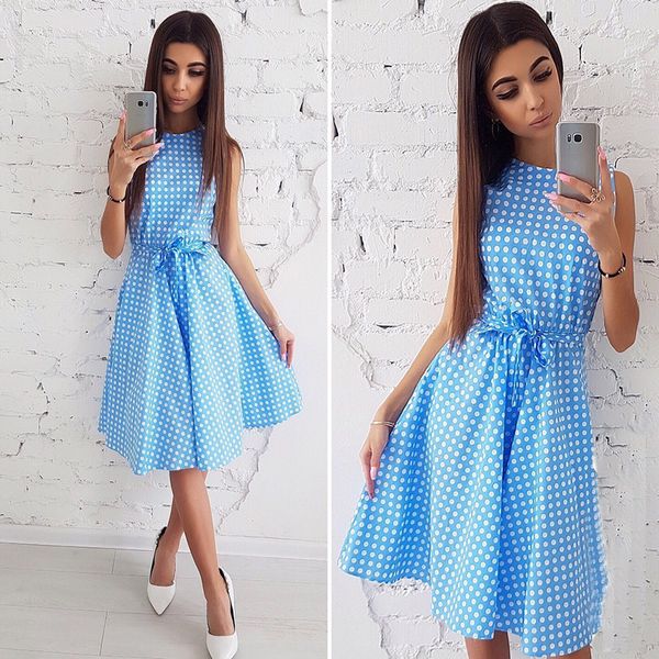

women fashion dot print dresses ladies elesleeveless casual dress 2018 summer boho beach belt knee-length sashes dresses, White;black