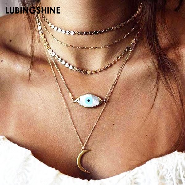 

vintage bohemia multilayer necklaces for women fashion eye moon crescent pendant necklace popular beach jewelry party gift, Silver
