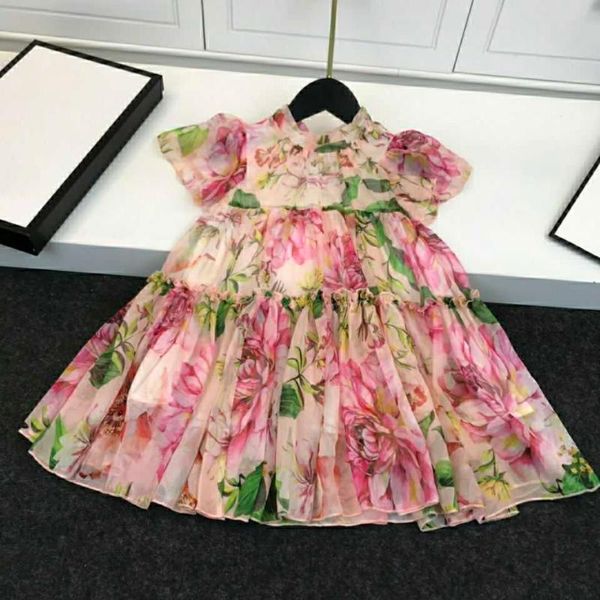 

y3178 2020 new summer girl dress elegant flowers pleated stitching half turtleneck dress for big girls, Red;yellow