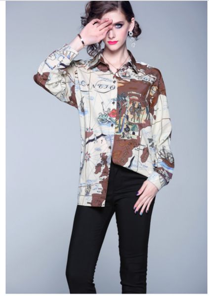 

retro sense old long sleeve neutral map shirt color is super beautiful, White
