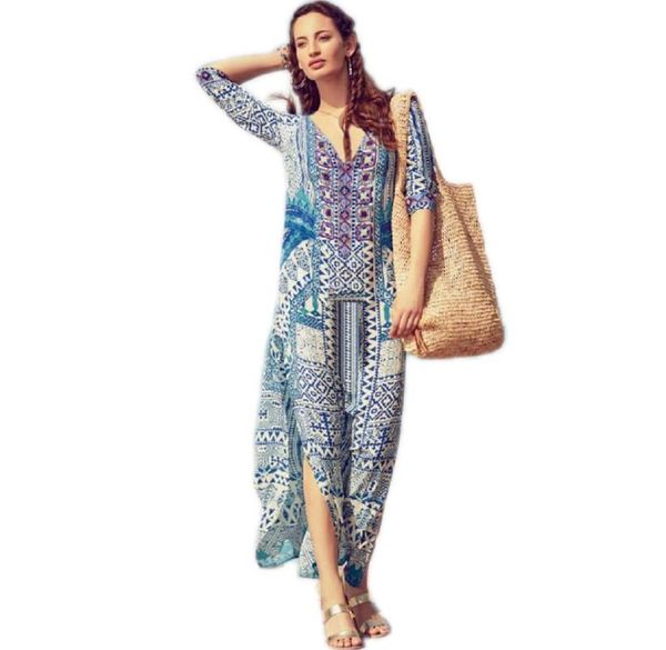 

summer holiday maxi dresses women bohemian print long pareos robe swimwear side slit dress female sale, Blue;gray