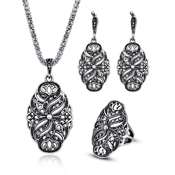 

ethnic jewelry sets for women antique silver color full black rhinestone crystal flower pendant necklace earrings and ring set