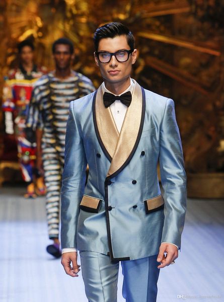 

light blue groom tuxedos double-breasted groomsman wedding 2 piece suit fashion men prom party jacket blazer(jacket+pants+tie) 2583, Black;gray