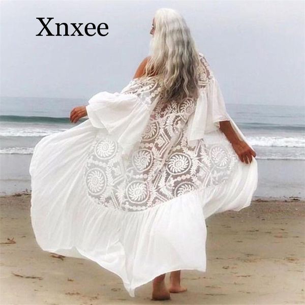 

2020 new bikini cover-ups belted summer dress white lace cotton tunic women plus size beach wear swim suit cover up white, Blue;gray