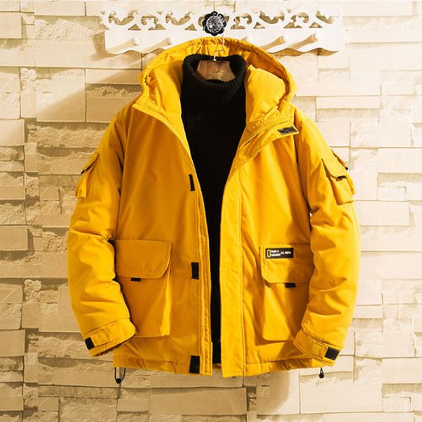 Желтый теплый мужской зимой прокладка ветрозащитный повседневная куртка мужчины мода повседневная винтажная с капюшоном с капюшоном толстая зимняя куртка мужчины 50mf