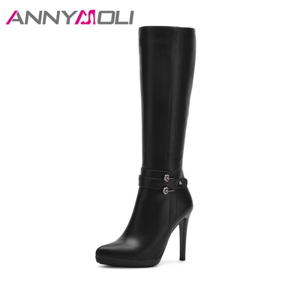 

annymoli women boots winter knee high boots buckle platform high heels autumn shoes size 34-40 2018 chaussure femme, Black