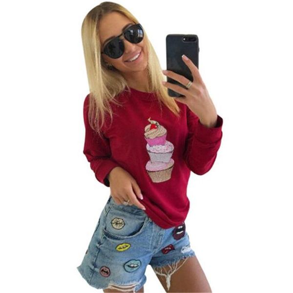 

autumn women hoodies sweatshirt fashion long sleeve o-neck ice cream print casual loose street sweatshirt plus size grey red pink, Black