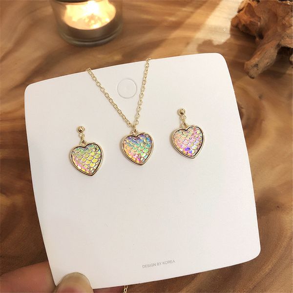 

ears high 2019 new korean colorful heart earrings and necklace for women girls fashion cute mermaid squama metal jewelry set, Silver