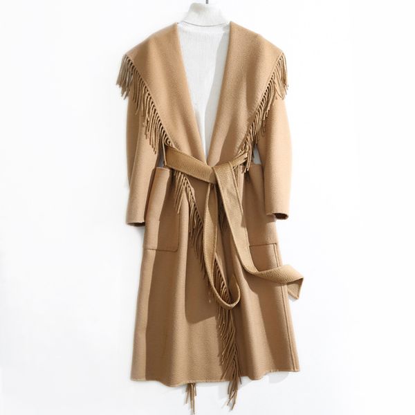 

new 2019 autumn and winter plus size korean fashion high-end tassel belt black 100% wool water ripple woolen coat women