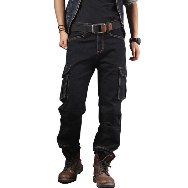 

kimsere men casual cargo jeans pants with multi pockets baggy tactical denim trousers loose fit plus size 30-40, Blue