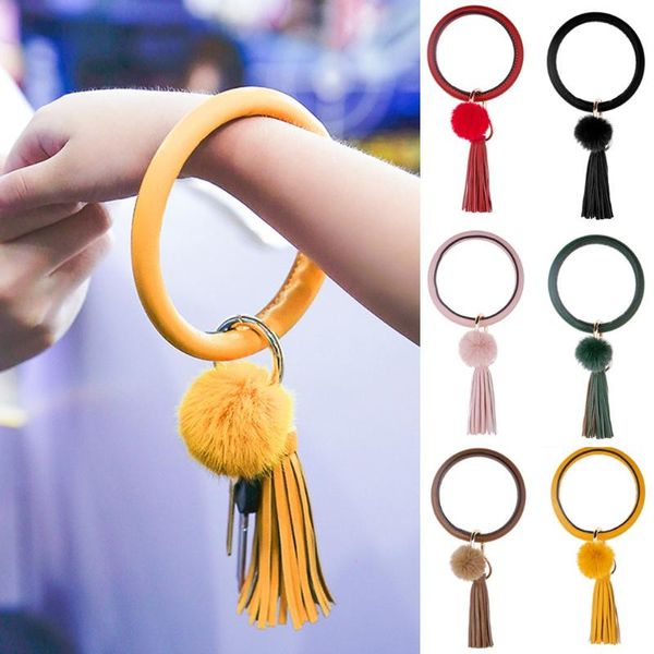 

keychains simulated women &girls keychain bangle tassel ring circle key leather wristlet fashion jewelry chains findings, Silver