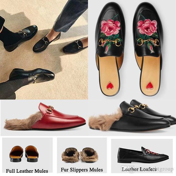 

new mules princetown men women fur slippers mules flats genuine leather designer fashion metal chain ladies casual shoes us 5-12, Black
