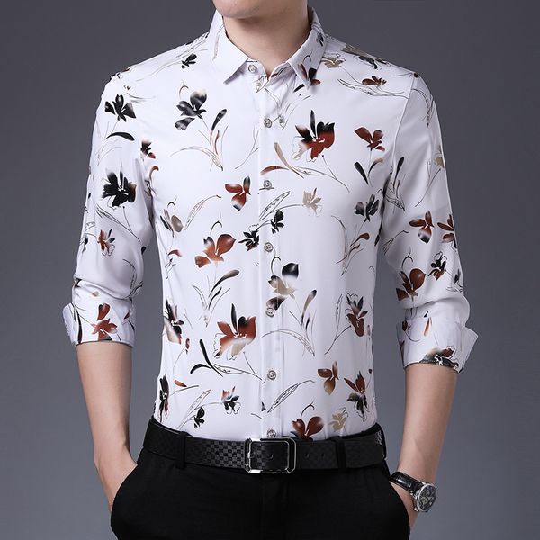 

men's casual shirts brand men shirt slim fit long sleeve flower print dress chemise homme clothes drop e071, White;black
