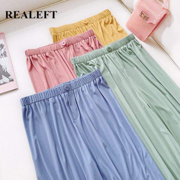 

realeft summer 2019 new arrival women full length pant beach solid casual button high waist elastic rayon wide leg pants, Black;white