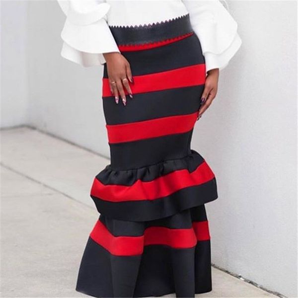 

2019 women stripe bodycon skirt high waist maxi package hip skirt slim summer party club ruffle, Black