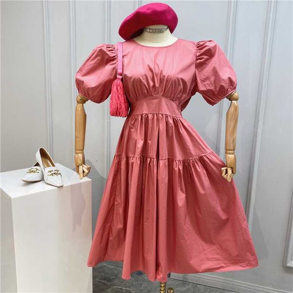 

casual dresses [ewq] 2021 summer sweet o neck puff sleeve dress women elegant long robe simple back lace lady 5 color qv267, Black;gray