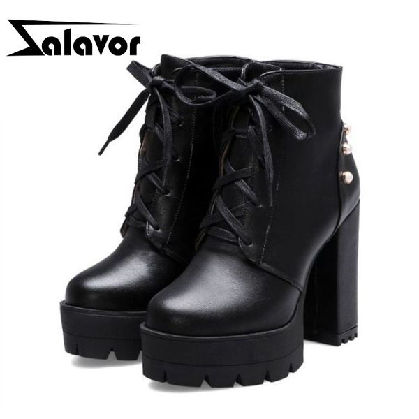 

zalavor high heels ankle boots for women fashion string beads casual platform shoes women lace up winter fur boots size 34-44, Black