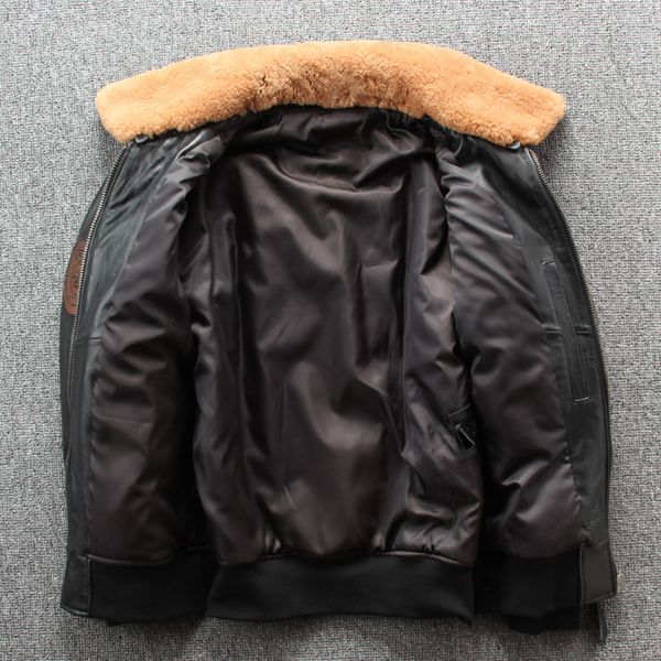 

2020 winter new mens genuine sheep leather jackets coats pilot natural leather m casual wool collar detachable overcoats, Black