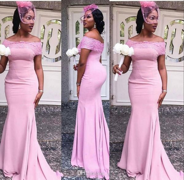New barato africano menina negra sereia vestidos de dama de honra rosa fora do ombro lace apliques country style vestido de convidado de casamento