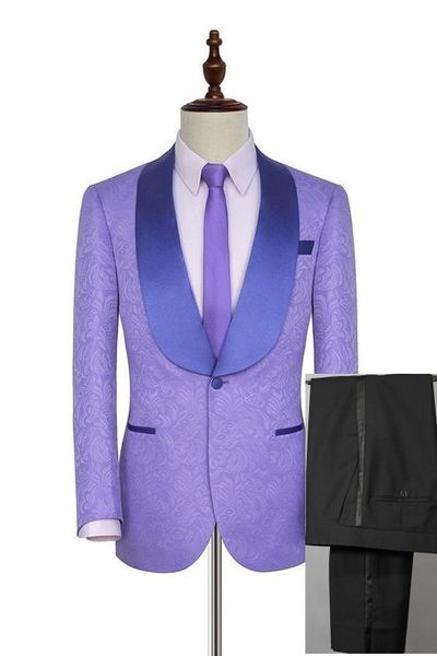 Herren-Anzüge Lila Muster und Schwarz Bräutigam Smoking mit Schal Satin Revers Groomsmen Hochzeit Best Man 2 Stück (Jacket + Pants + Tie) L509