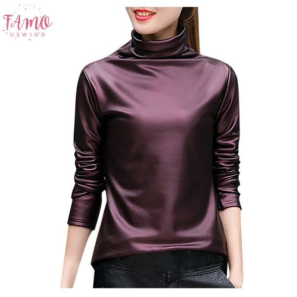 

plus size women turtleneck blouse metallic long sleeve wet look shirts pullover plus thick solid ladies2020, White