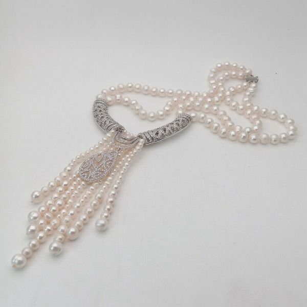 

hand knotted natural 8-9mm white freshwater pearl necklace zircon pendant tassel personality fashion, Silver