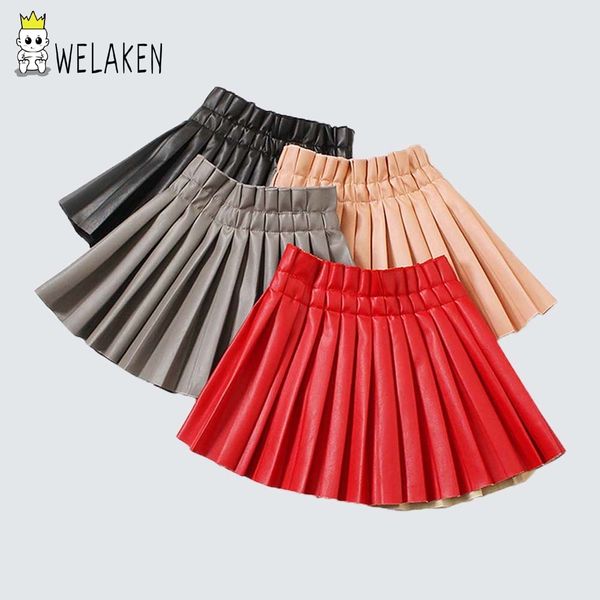 

welaken girls pu skirts 2019 fashion baby girl elastic waist pu faux leather pleated skirt kids short skirt children clothing y200704