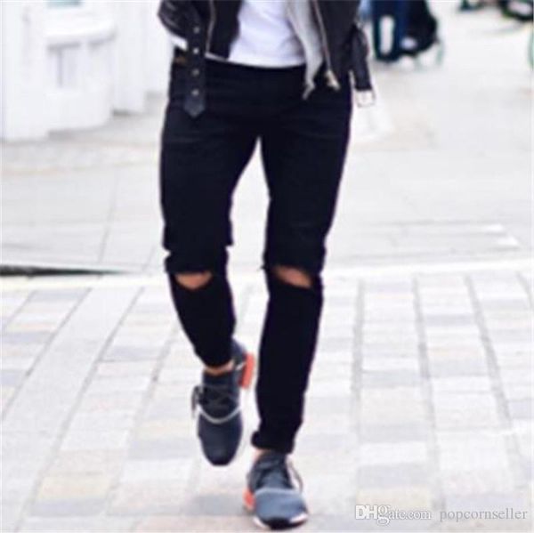 

european american mens jeans fashion designer button zipper fly mid waist black ripped jeans fashion street mens jeans, Blue