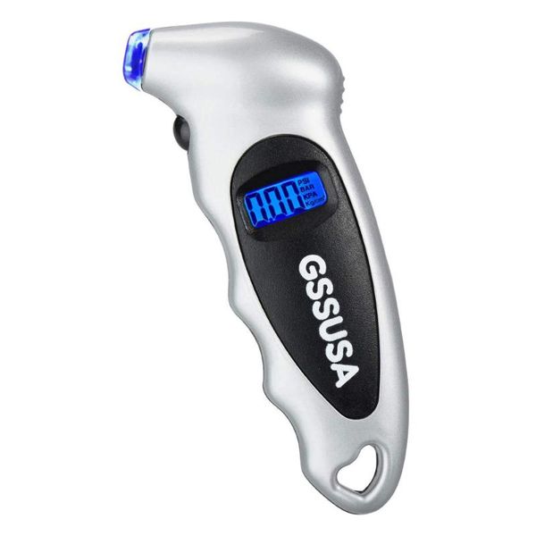 

digital tire pressure gauge 150 psi 4 settings for car truck bicycle bike backlit lcd non-slip grip lighted nozzle silver