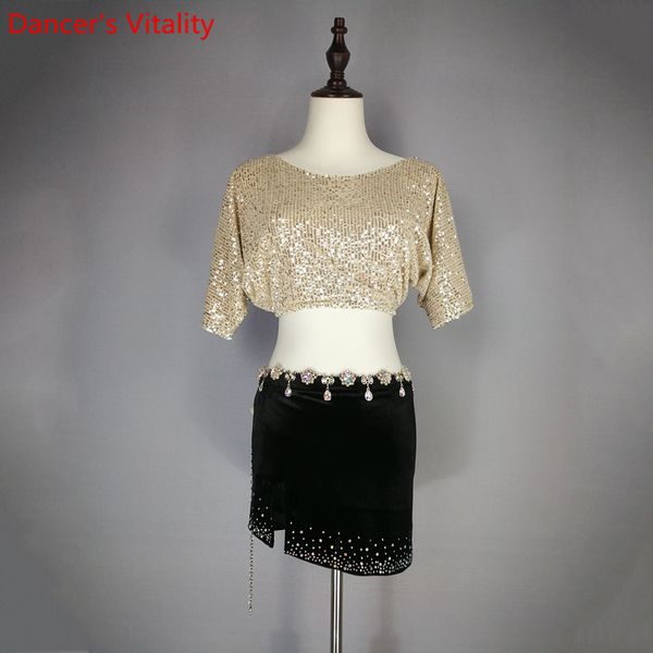 

2019 women belly dance practice short sleeves sequin skirt 2pcs set oriental dance wear performance outfits garments, Black;red
