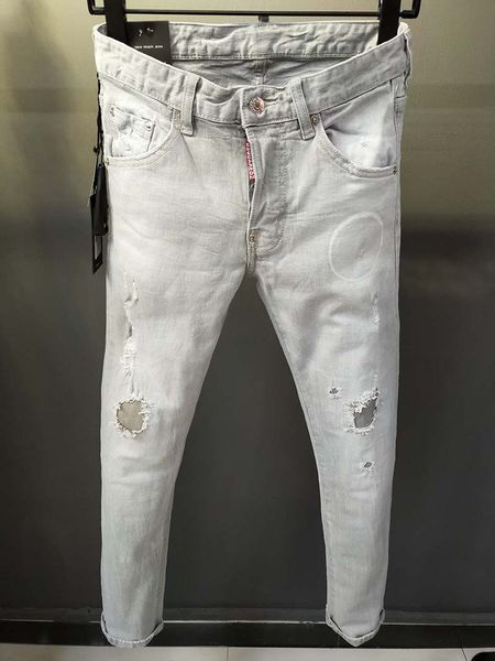 

summer new lime white slim jeans men youth hole grinding white thin elastic pencil pants pants, Blue