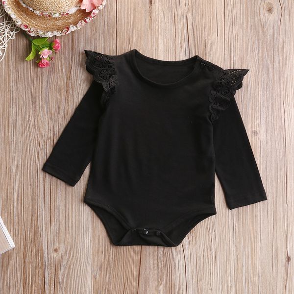 

cute ruffles baby girl bodysuits newborn baby girls lace shoulder bodysuit jumpsuit clothes long sleeve pink black outfits 0-24m, White