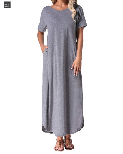 

summer maxi dress women party bodycon 2019 long casual loose v neck short sleeve cotton split dress plus size, Black;gray