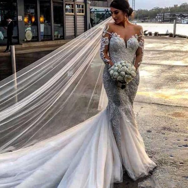 

2019 new african mermaid wedding dresses sheer jewel neck long sleeves lace appliques tulle court train plus size custom formal bridal gowns, White