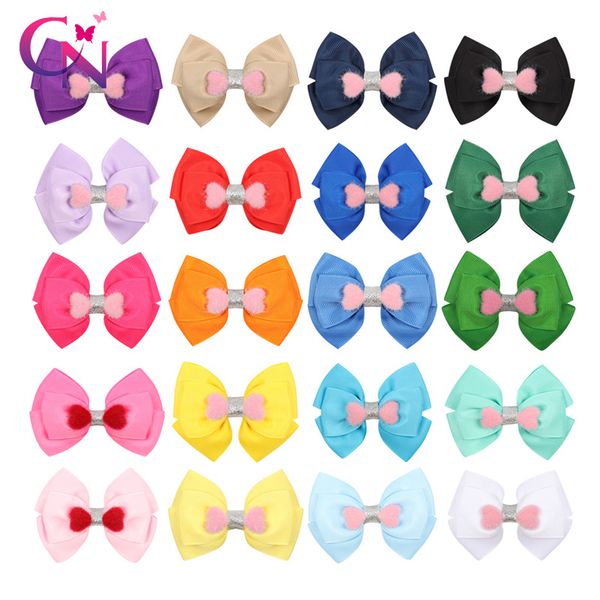 

cn  pcs/lots 3.5 " valentine's day hair bows for girls kids solid candy color bow pompom hair clips hairgrips accessories, Slivery;white