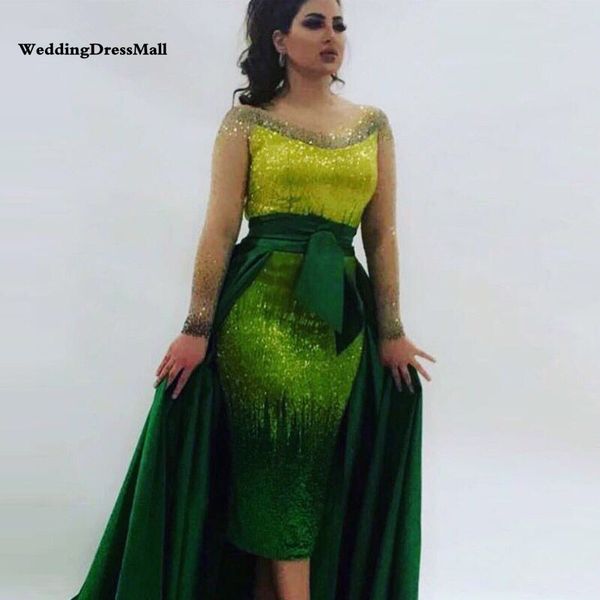

long sleeves green luxury beading evening dress arabic dubai formal evening gowns with detachable skirt, Black;red