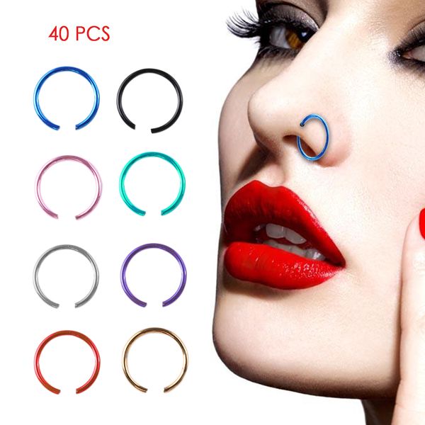 

40 pcs/pack women fashion fake nose ring hoop nose stud rings body piercing jewelry for women non piercing circle clip on, Slivery;golden