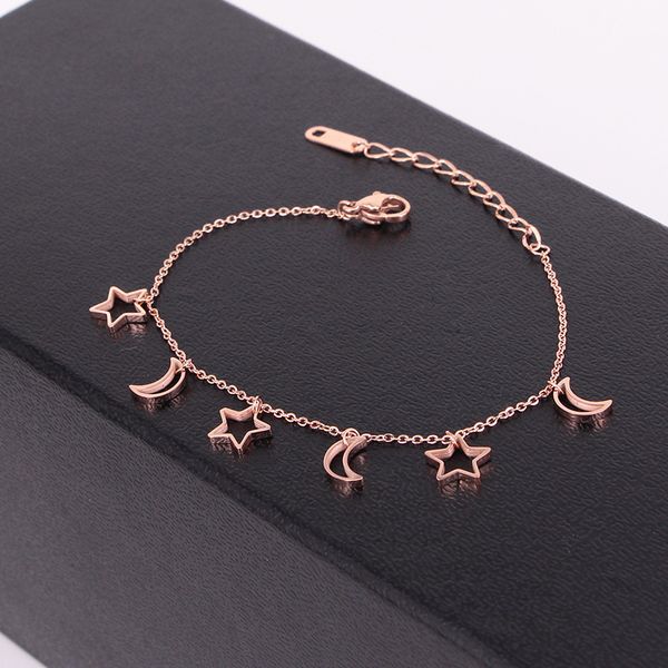 

bangle fashion stainless steel cute hollow moon star tassel charm chain bracelet woman wedding party gift, Black