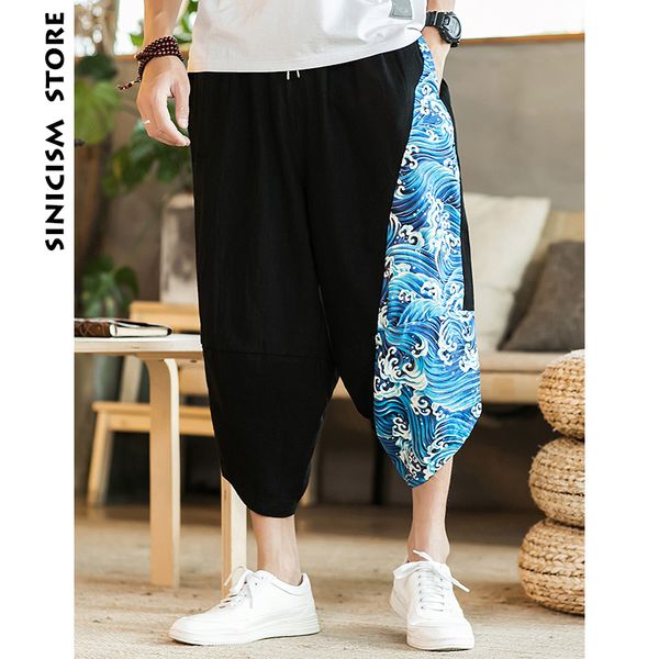 

sinicism store mens 2019 new beach pants male summer casual calf-length pants man ethnic style print patchwork loose trousers, Black